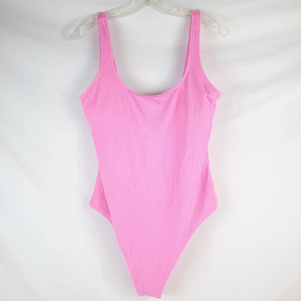 Aerie Pink Textured One Piece Cheeky Padded Swimsuit Scoop Neck Ribbed Size XL